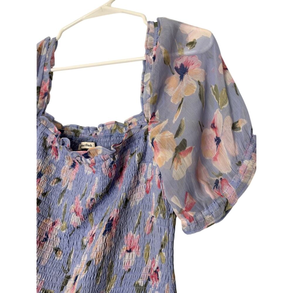Abercrombie & Fitch Soft Blue Floral Smocked Bodycon Midi Dress Puff Sleeve XLT - Picture 5 of 8